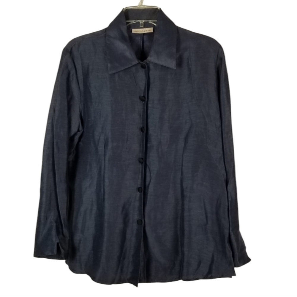 Deborah Parker Women Linen Silk Button Blouse Top Size Large Blue Office Siren